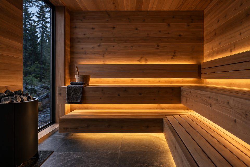 Interieur van een cedersauna met getrapte banken, warm licht en een stenen kachel